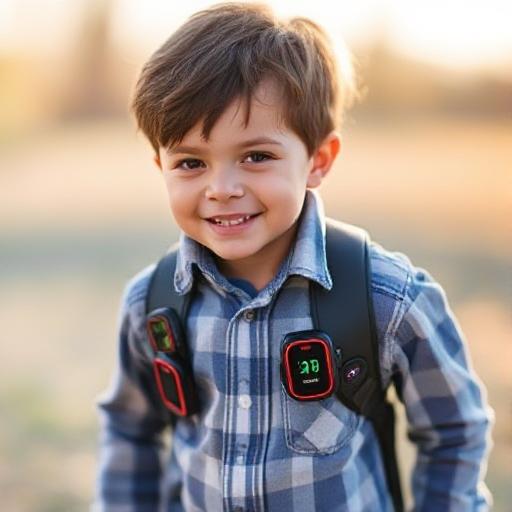a young boy with a backpack tracker