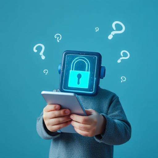 a child holding a tablet with security marks on it