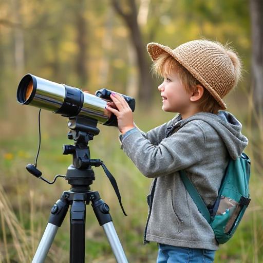 a young boy is looking through a telescope lens