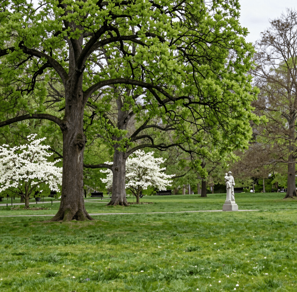 a lush green park with a few large oak trees with new leaves, several white dogwood trees also