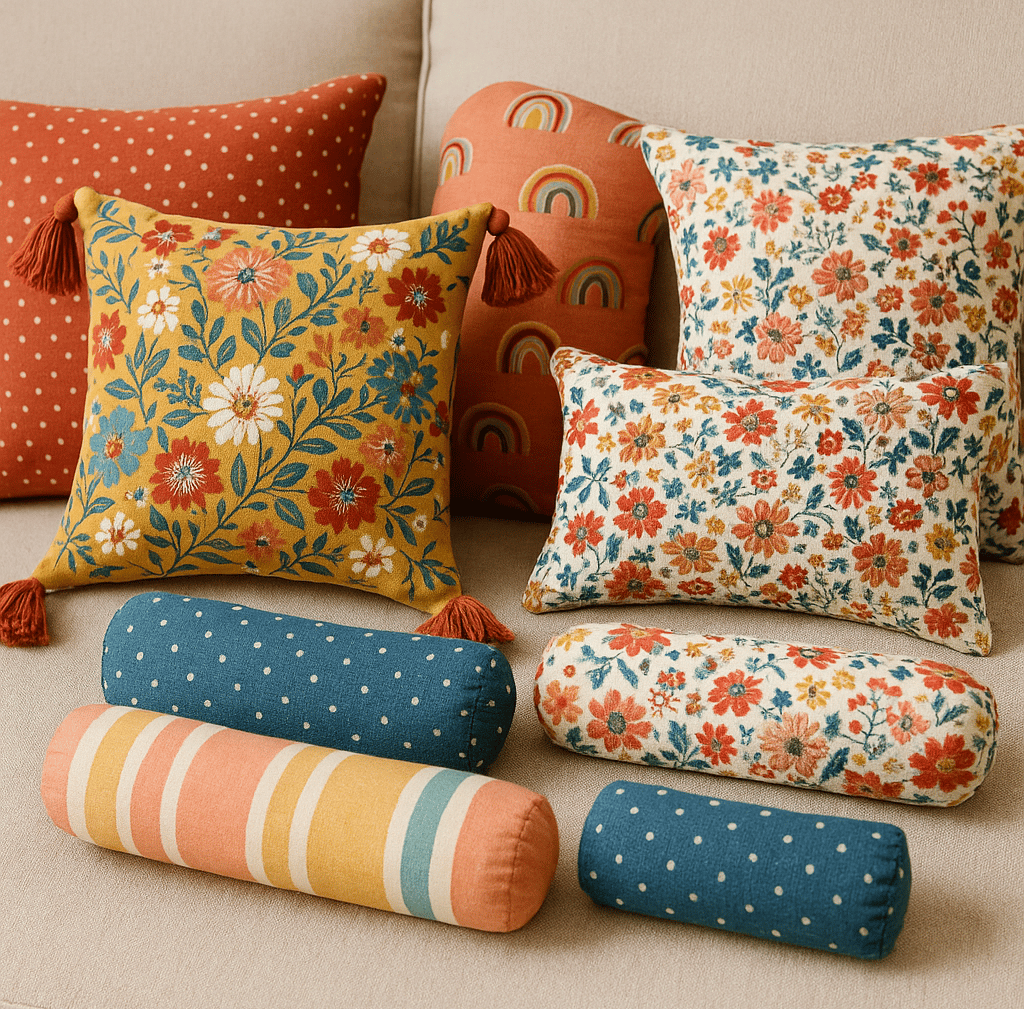 "Colorful throw pillows in various shapes with tassels and floral prints."