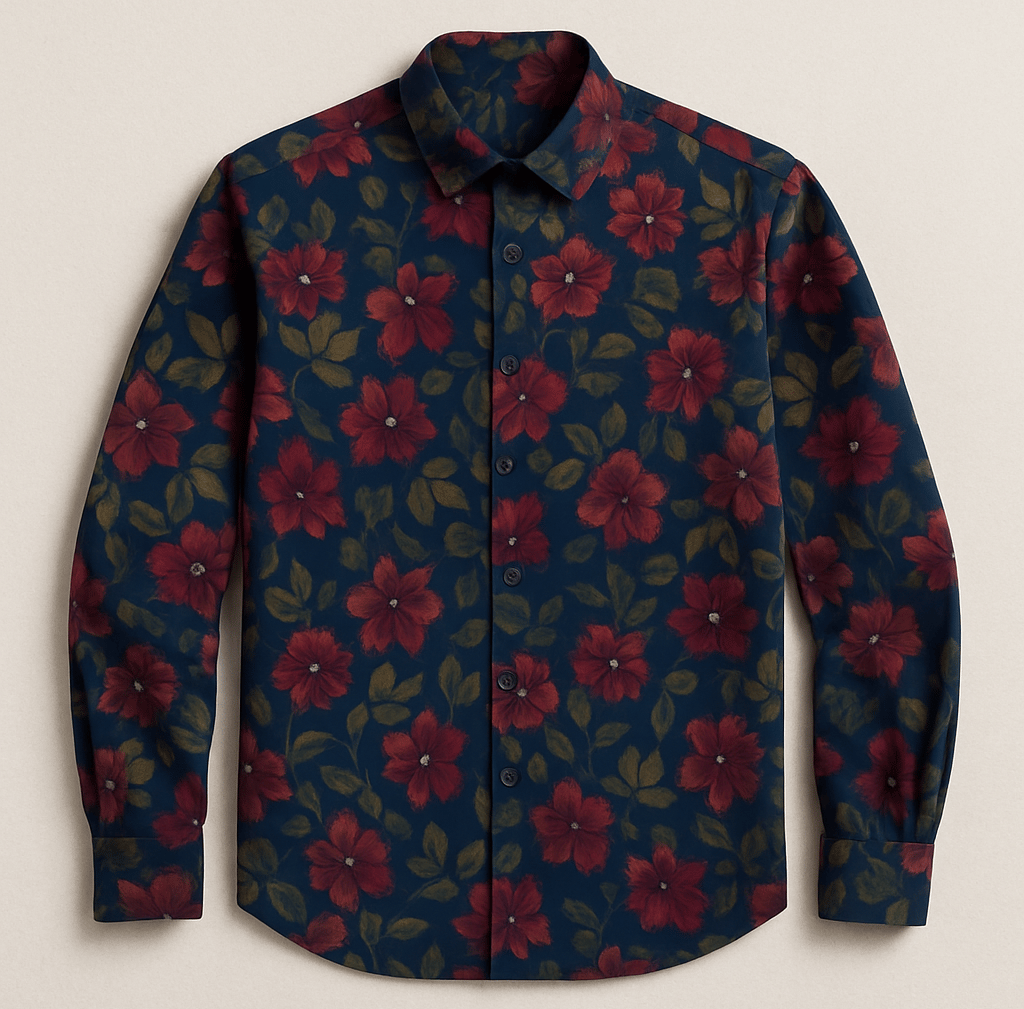 Full view of a buttoned-up long-sleeved men’s floral shirt with red and burgundy flowers.