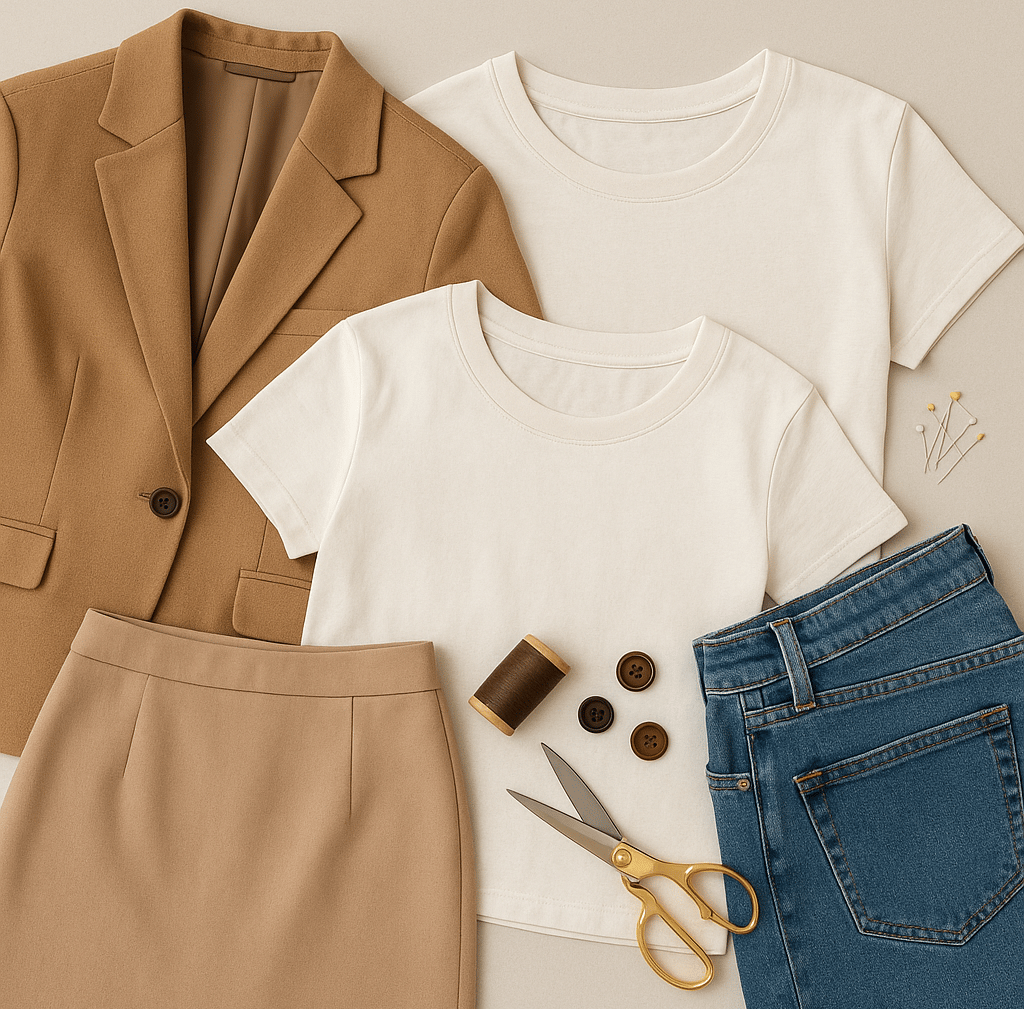 Flat lay of durable garments including a blazer, T-shirts, skirt, and jeans with sewing tools.