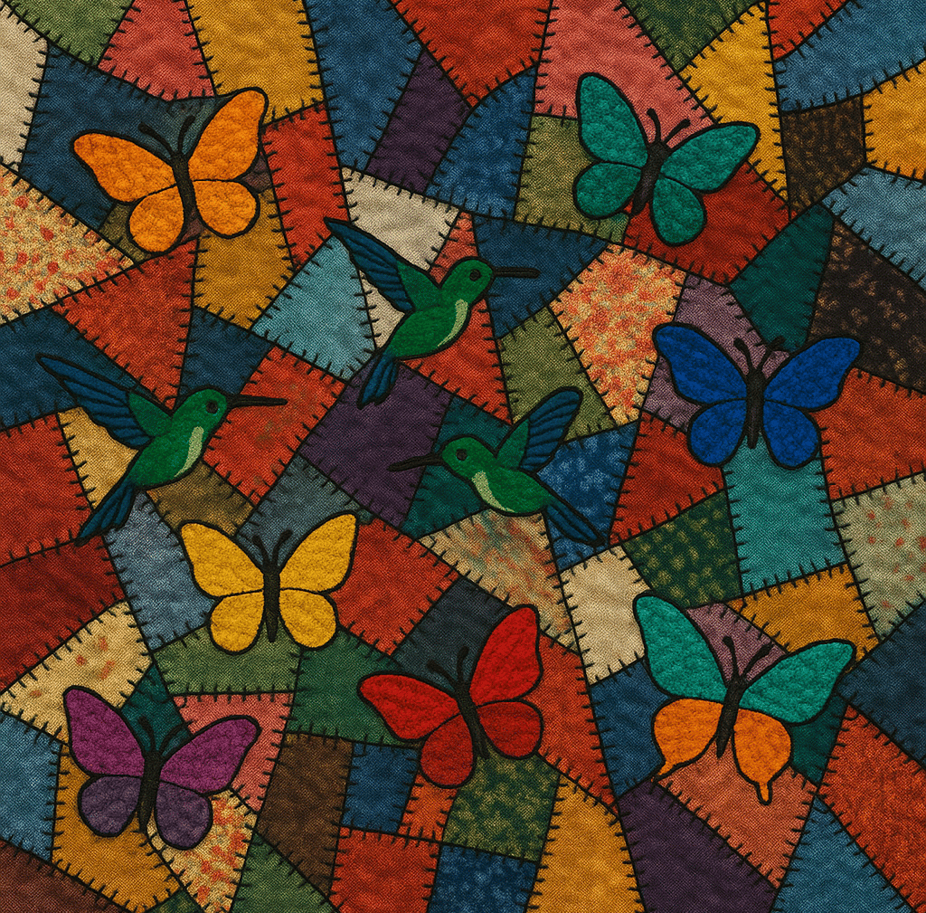 A scrappy quilt composed of irregular, colorful fabric pieces stitched together with bold black zig-