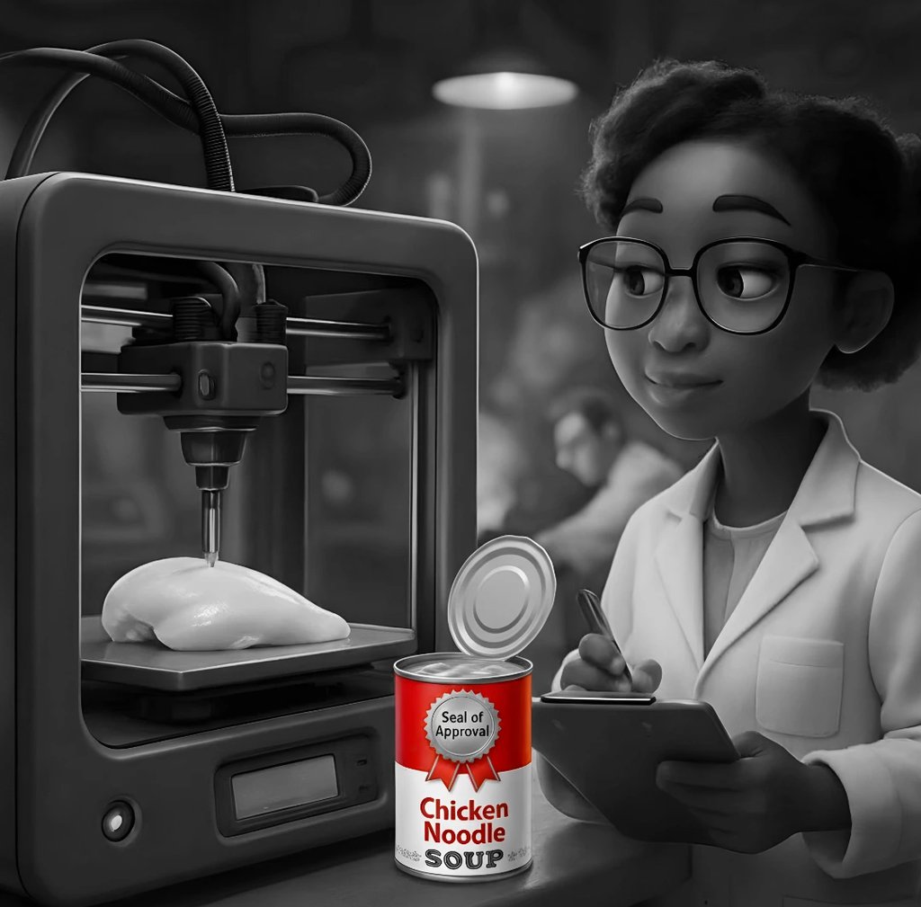 An African American bioprocess engineer watches a 3D printer create chicken by an open can of soup. 