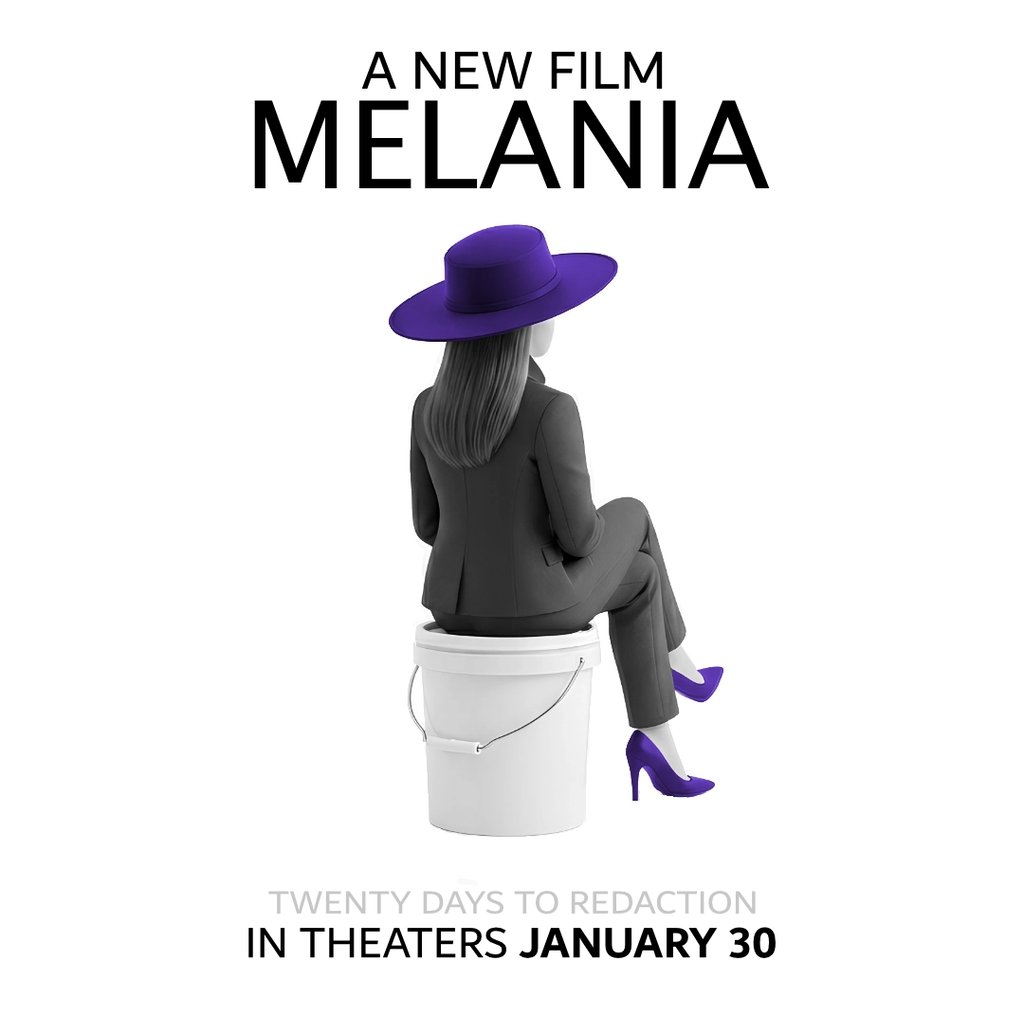 Melania Trump sits, back to camera on a bucket wearing a large hat, pantsuit and nude heels.