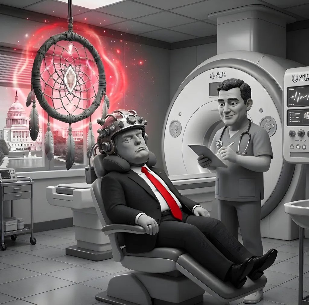 Trump getting a brain scan while dreaming as a doctor observes vitals and takes notes.