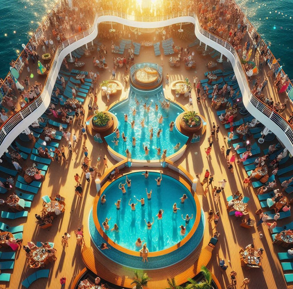 Arial view of the sail away party at the twin-pool deck of fictional cruise ship Emville Liberate