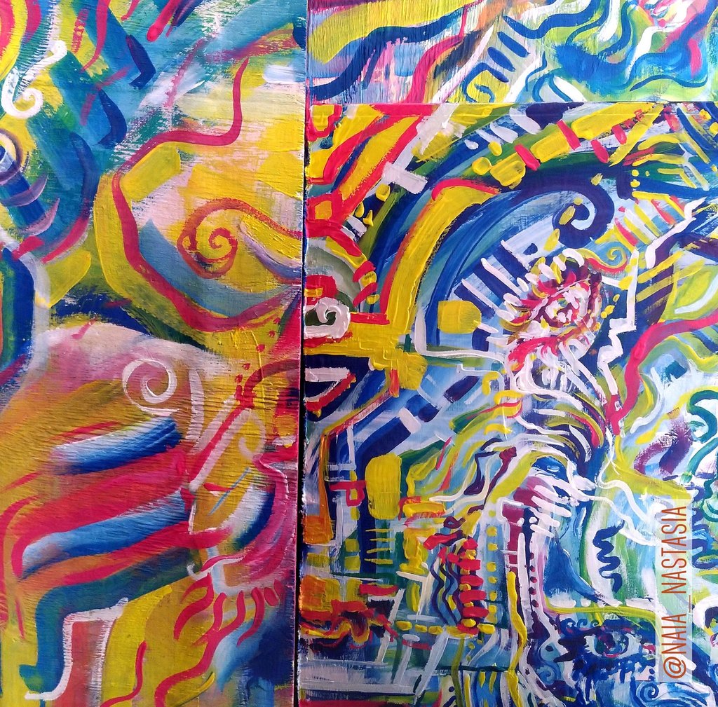 ensemble de peintures assemblées entre elles et dont les traits se connectent aléatoirement pouvant former de nouvelles compo