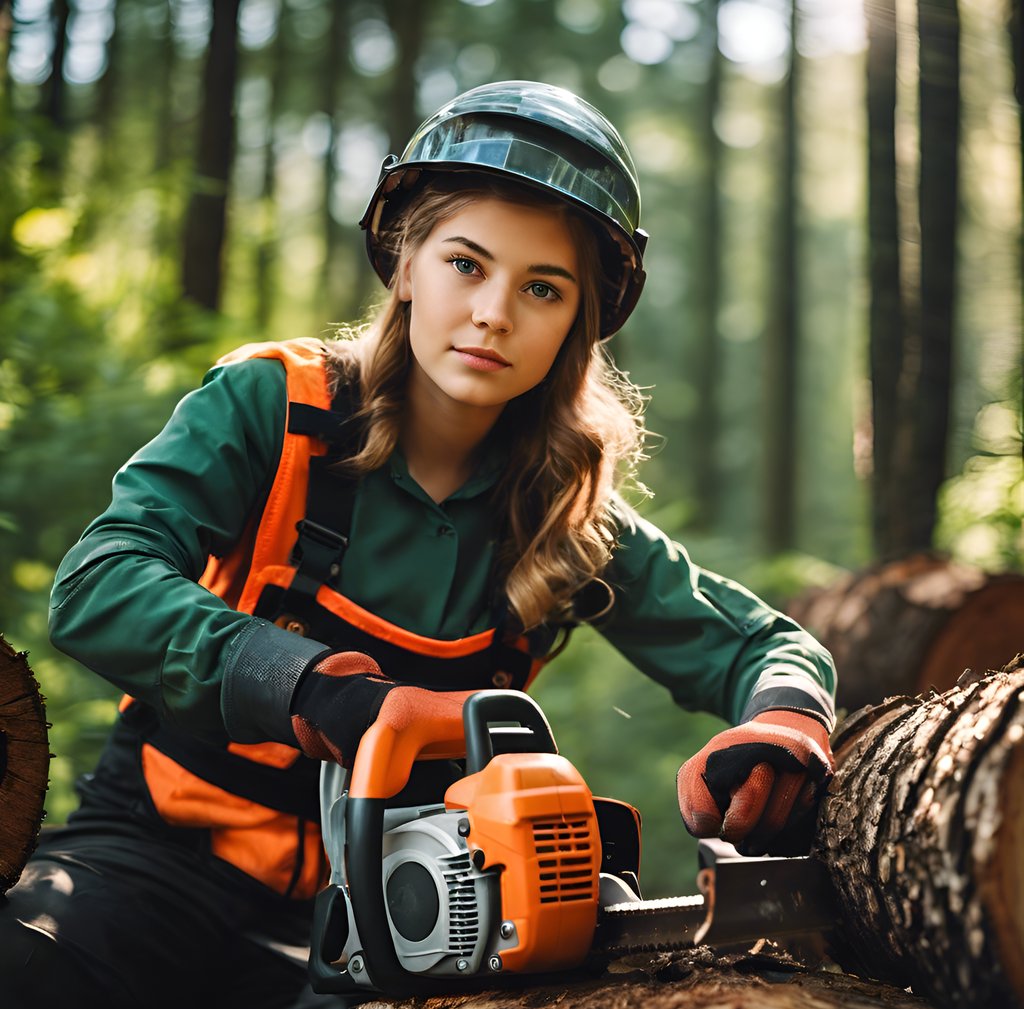 ludicrously beautiful teen girl lumberjack in full personal protective clothing sharpening her chain