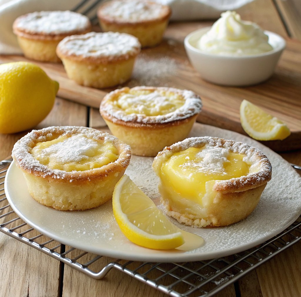 Golden baby lemon impossible pies dusted with powdered sugar and garnished with lemon zest.