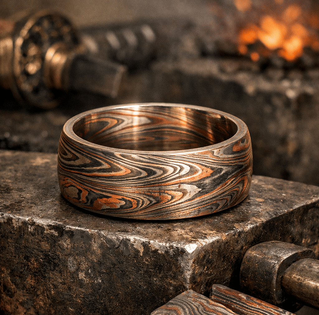 Mokume-Gane Ring aus geschichtetem Kupfer und Stahl auf einem Amboss in der Schmiede, japanische Dam