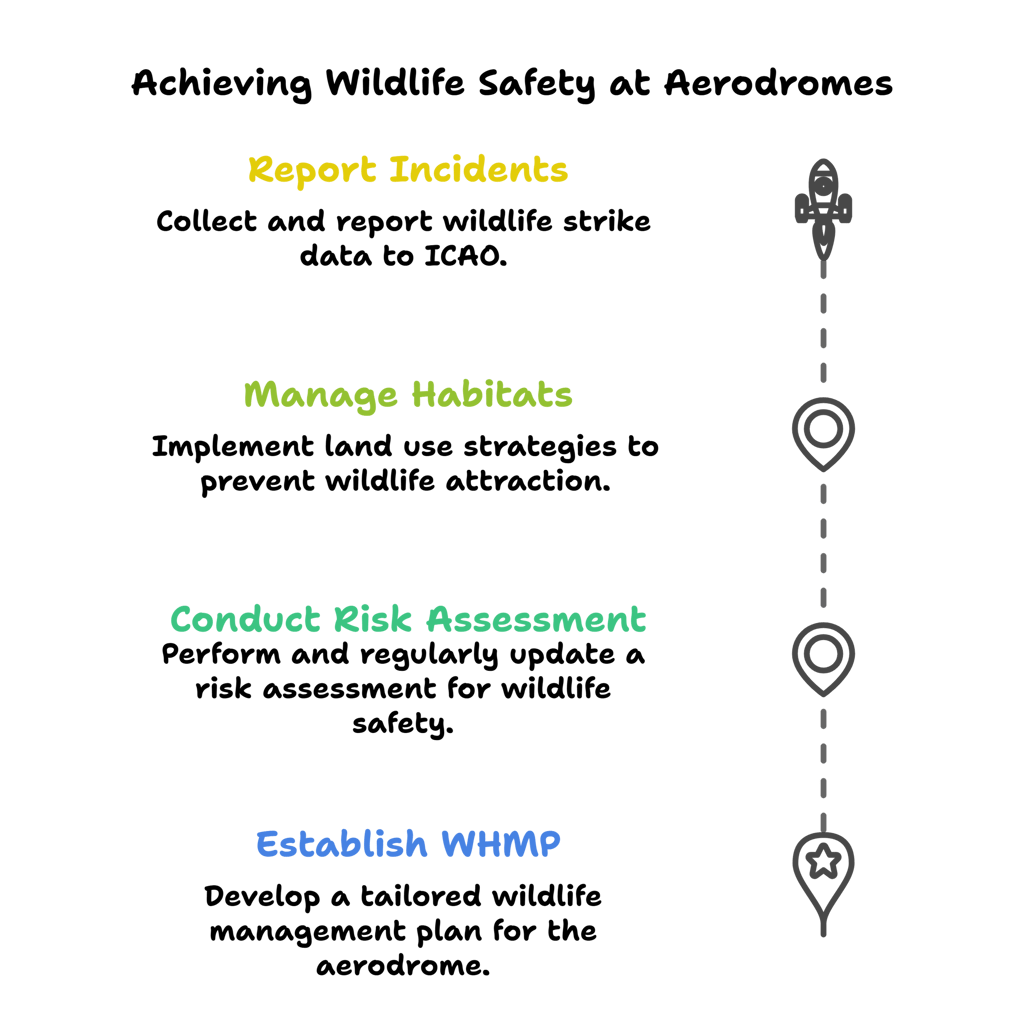 A graphic design displaying a methodology to achieve wildlife safety at aerodromes