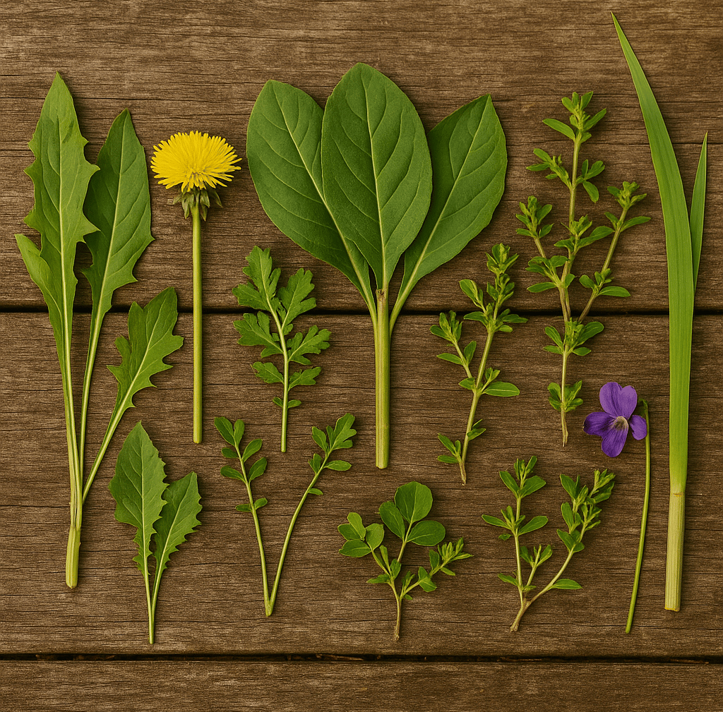 Edible and medicinal wild plants arranged on wood, wilderness foraging identification for survival situations
