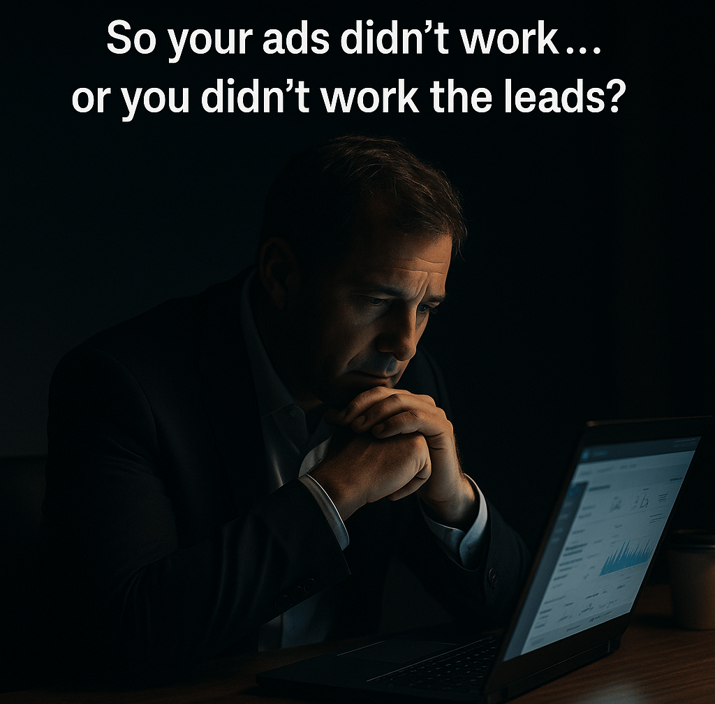a man in a suit and tie is looking at a laptop text overlay "So your ads didn't work?"