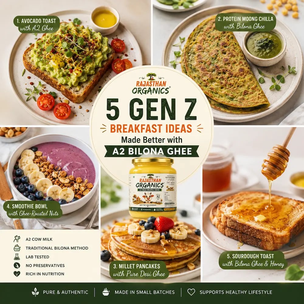Five Gen Z breakfast ideas featuring healthy recipes made with Rajasthan Organics A2 Bilona Ghee.