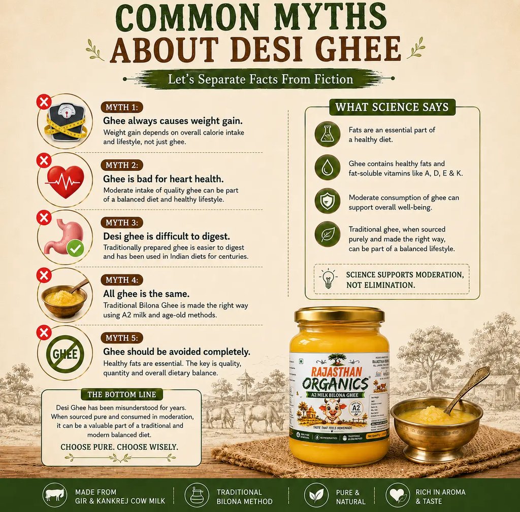Infographic debunking common myths about desi ghee benefits and health facts for a balanced diet.
