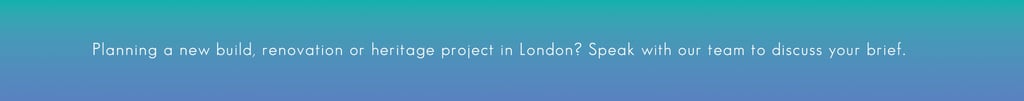Consult with experts for London new build, renovation, or heritage projects on a blue gradient background.