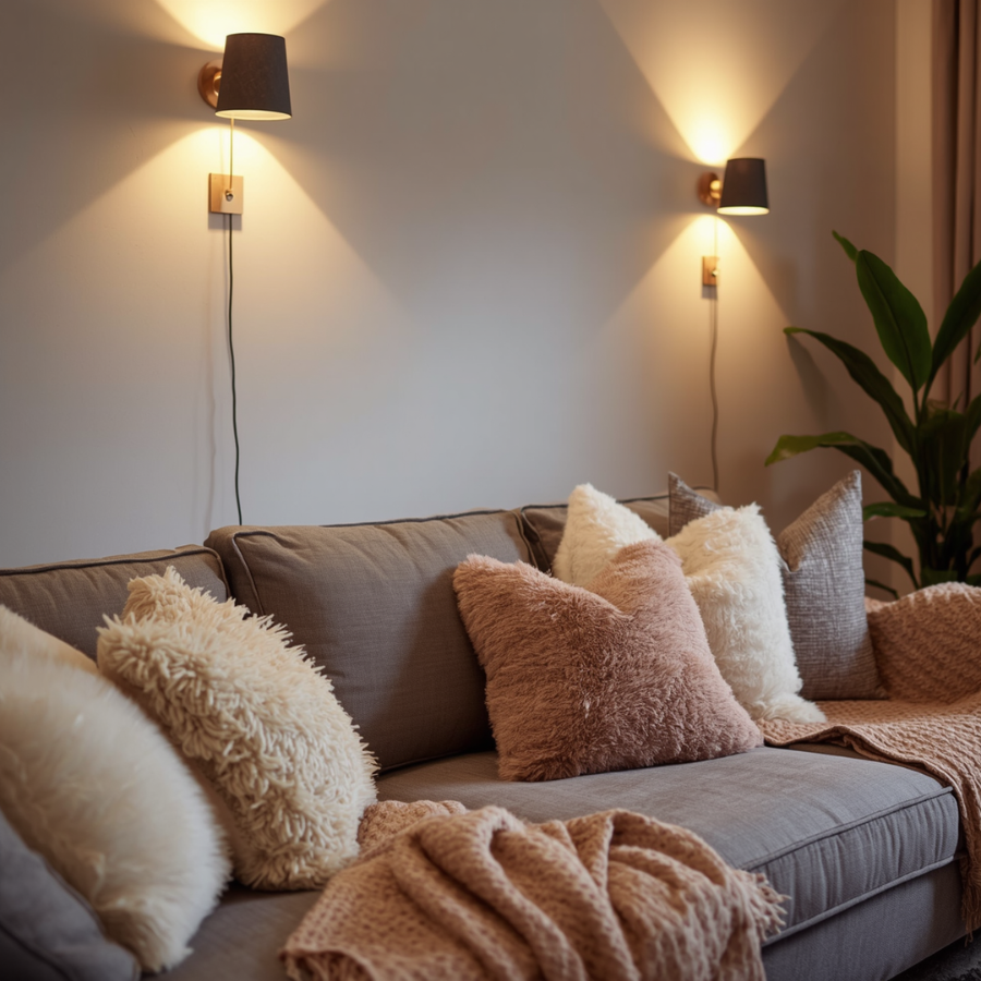 Neutral pillows and soft throw layered on sofa in cozy living room
