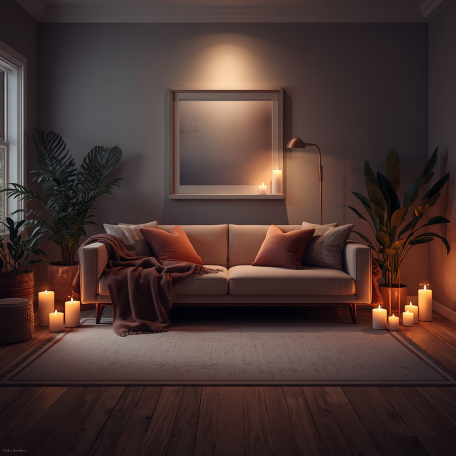 Cozy small living room with sofa, soft pillows, and warm throw