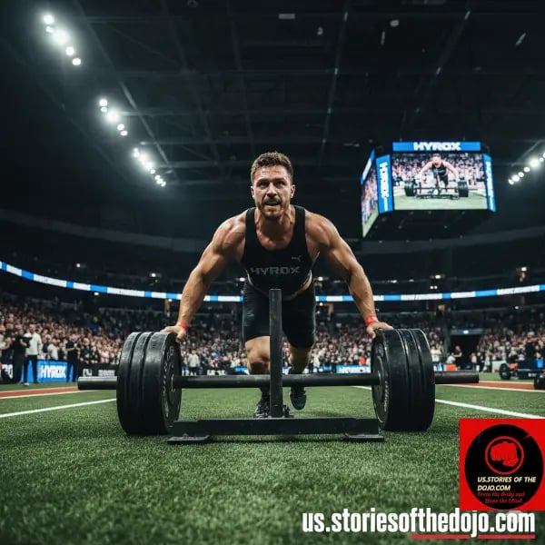 Hyrox athlete pushing a heavy sled loaded with weight plates on turf inside a packed indoor stadium 