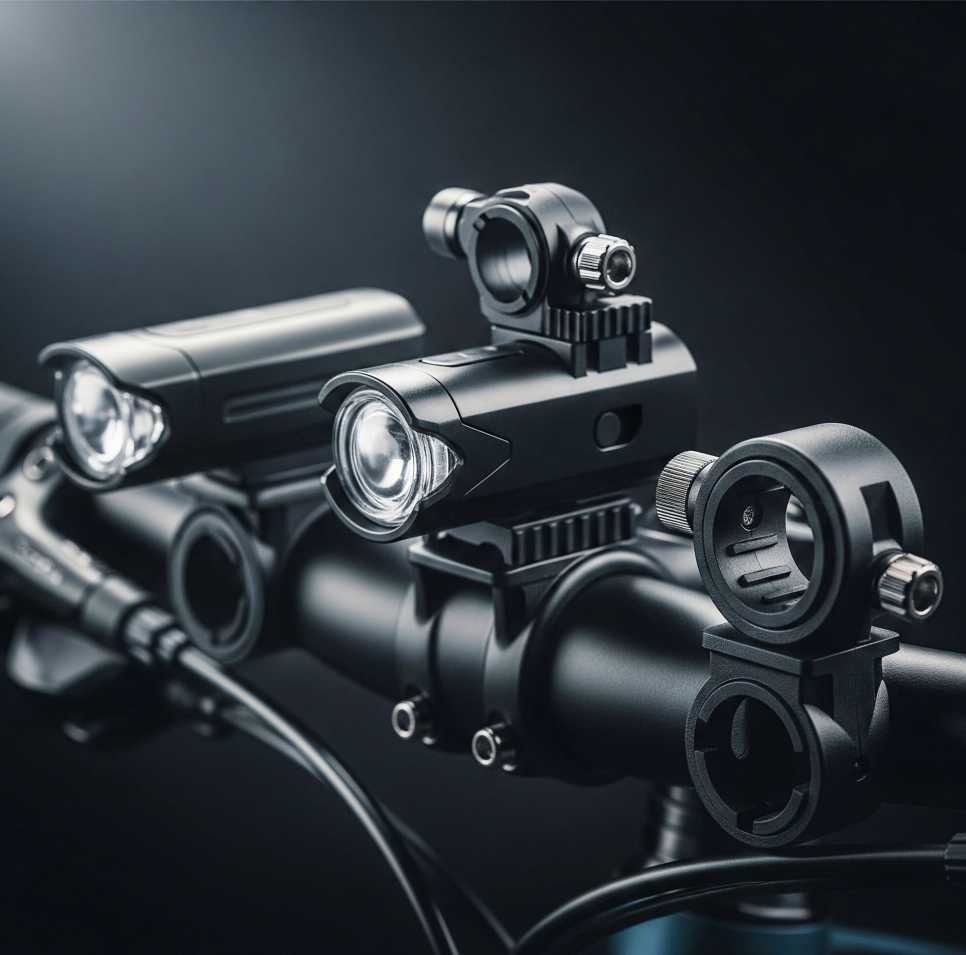 A close-up, dark and moody studio shot showcases sleek, black plastic bike mounts designed for cycling accessories.