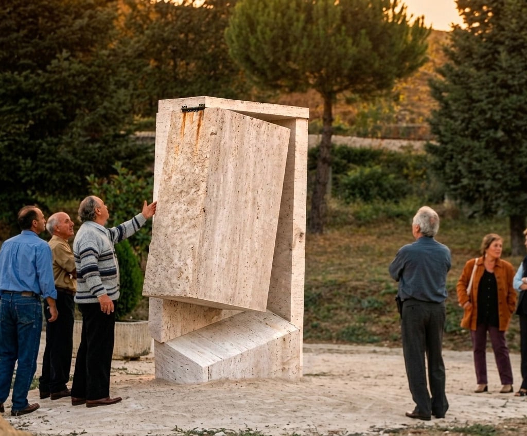 Visitors admire a modern geometric limestone sculpture in an outdoor park setting.