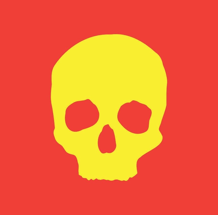 Minimalist yellow human skull graphic silhouette centered on a solid red background.