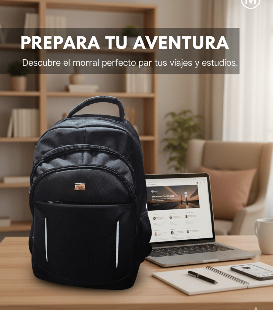 Mochila negra de la marca Speed Bag exhibida en un entorno de trabajo con una laptop y material de estudio