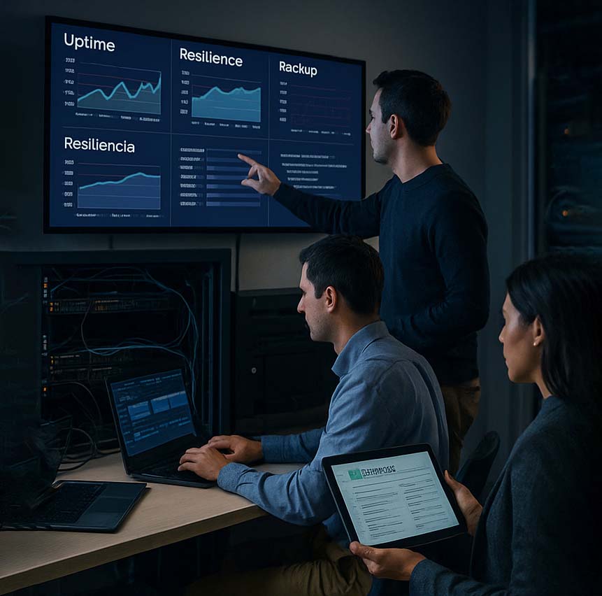 tres personas en seguridad informática, soporte digital, resiliencia, seguridad de datos