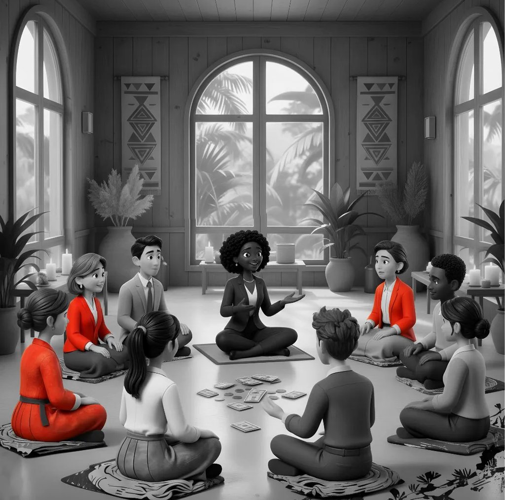 A group of distressed people sit in a circle around a pile of cash.