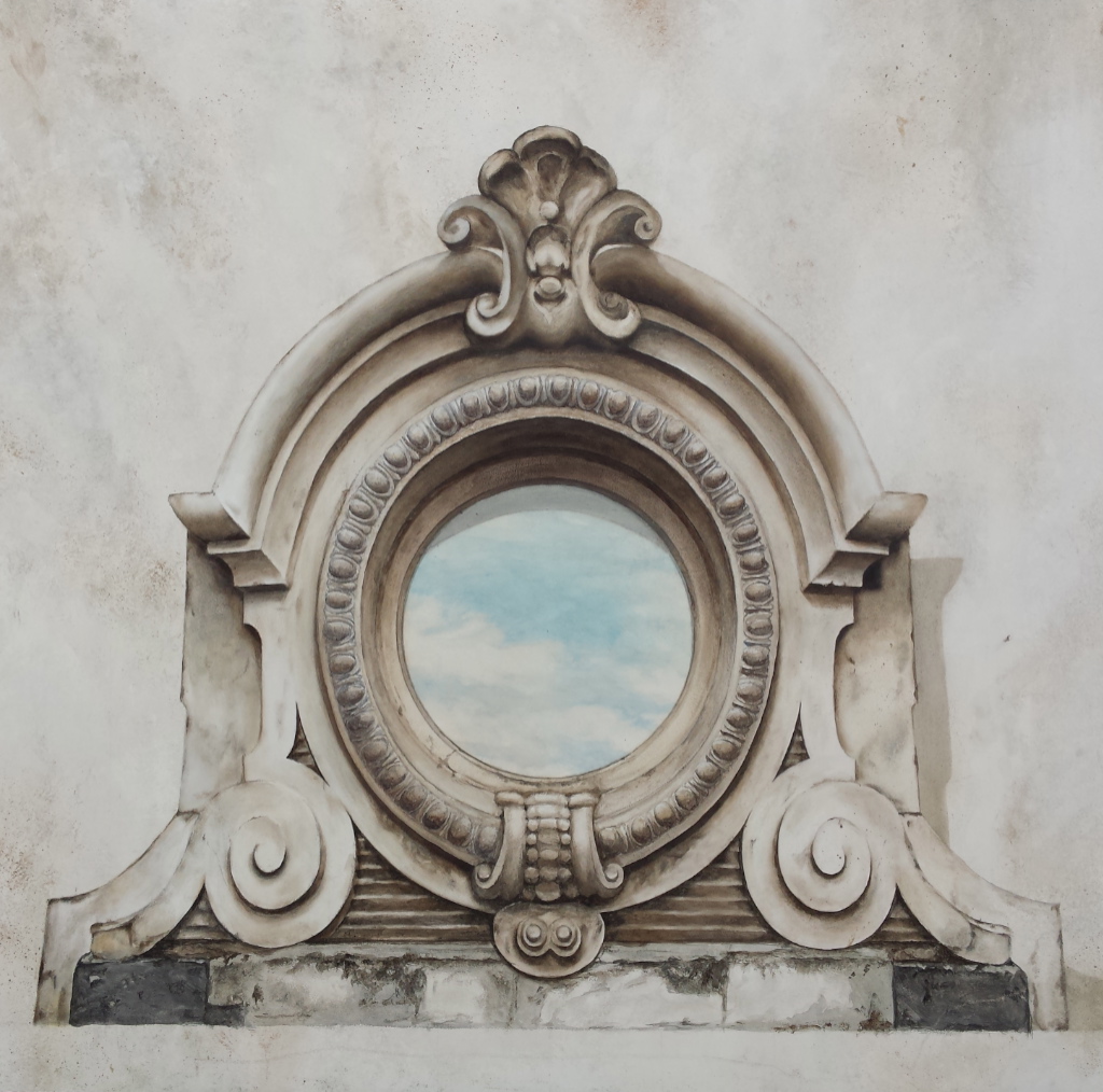 Oeil de boeuf en trompe-l'oeil peint, avec le reflet d'un ciel