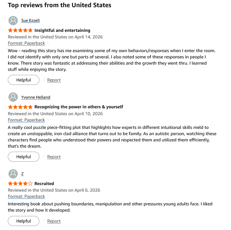 Customer reviews for a paperback book showing five-star ratings and positive feedback on plot and characters.