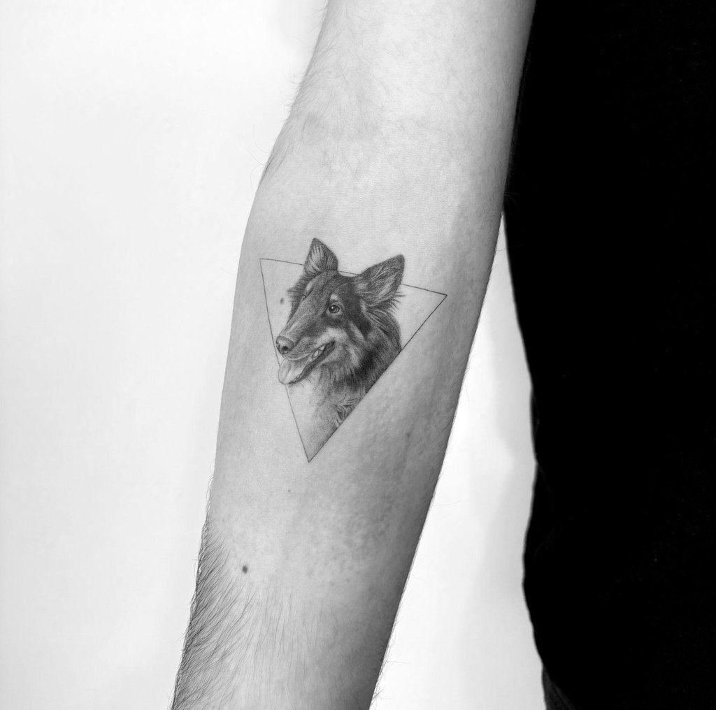 Tatuaje fineline en Madrid de retrato microrealista de perro collie enmarcado en triángulo