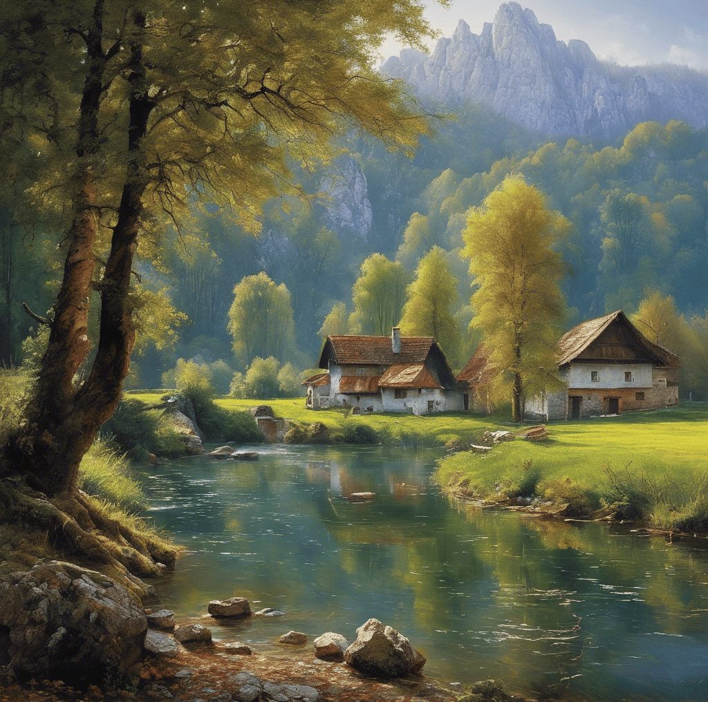 a painting of a house in the mountains