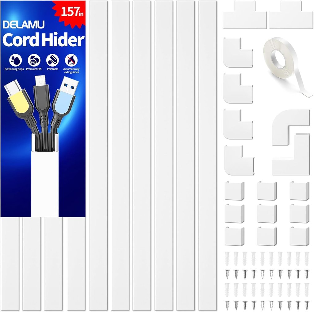 White Delamu cord hider kit with PVC raceway channels, connectors, and adhesive tape for wall cable management.