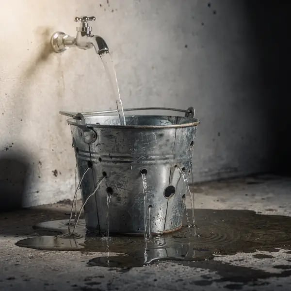 Illustration of the leaky bucket problem in customer retention, showing revenue loss from churn while new sales fill the top