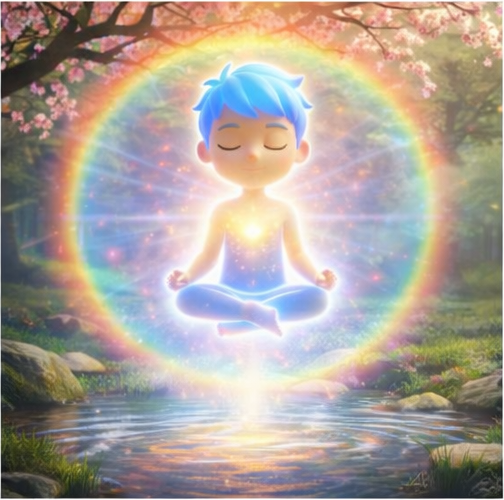 "Homo Luminous boy meditating in rainbow aura above water for chakra alignment." 