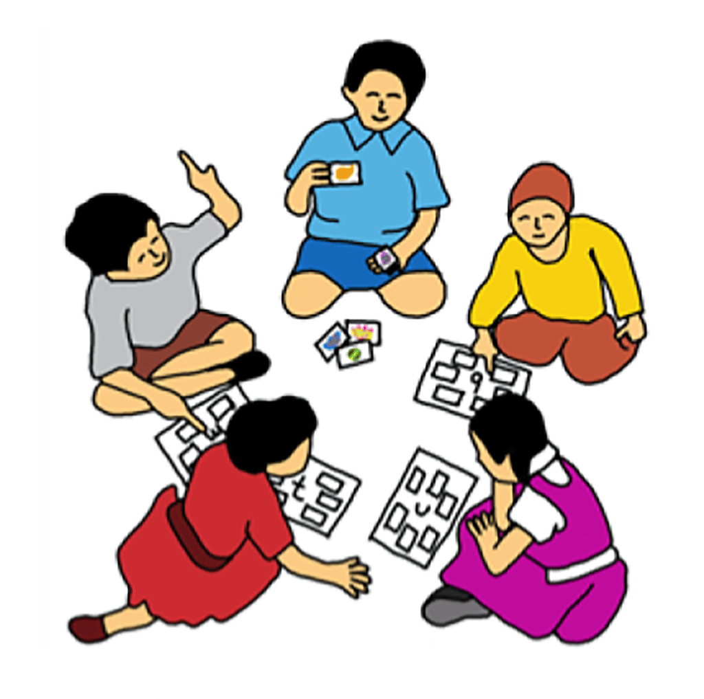a group of people sitting around a table with puzzles
