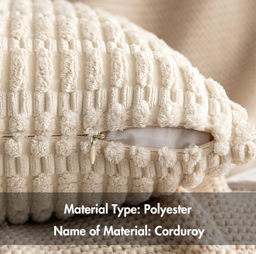Cream textured corduroy polyester pillow cover with a hidden zipper closure.