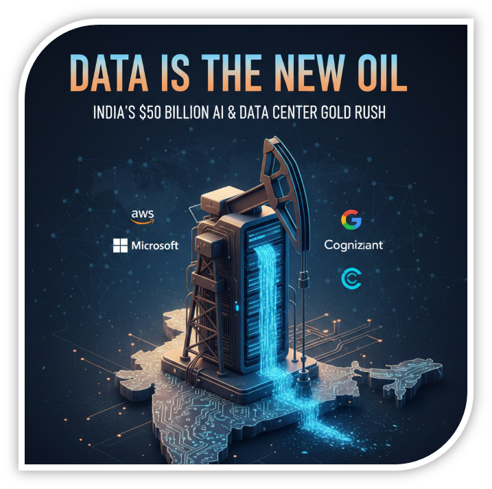 Digital oil pump on India map pouring data for AWS, Microsoft, Cognizant & Google.