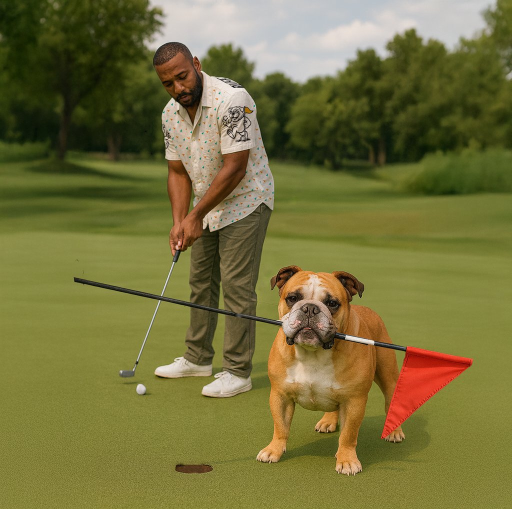 A dog pulls the golf pin for his owner as the golfer lines up his putt.