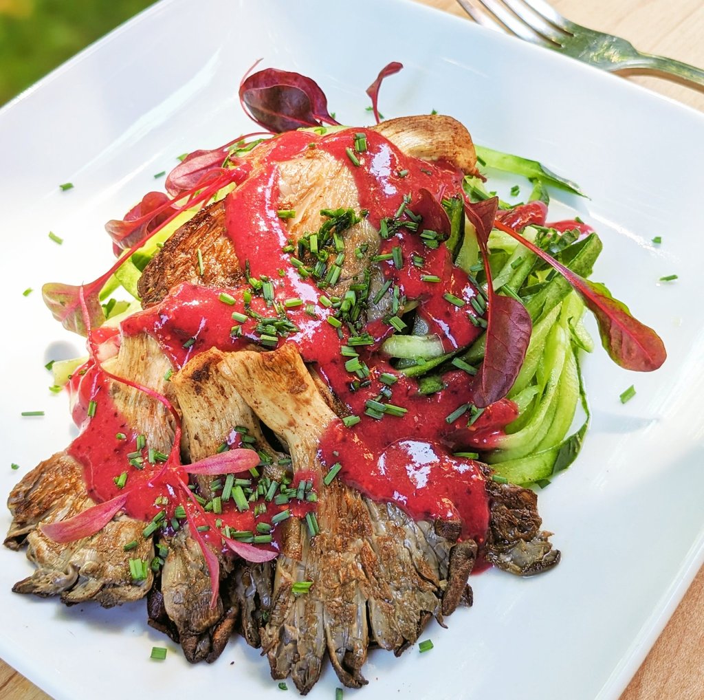 Five-Spice Oyster Mushroom on Cucumber Noodles with Superfood Berry Drizzle.