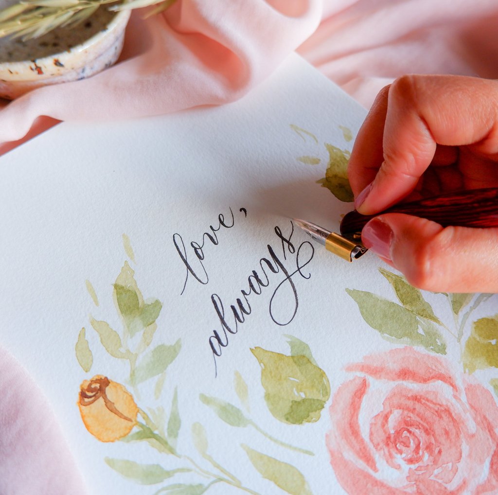 Handwritten calligraphy with floral watercolor saying Love Always by NYC calligrapher Belle Llorin.