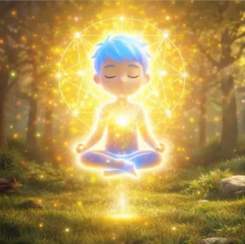 “Cartoon child meditating in forest, glowing with golden light and sacred geometry halo, symbolizing Homo Luminous awakening”