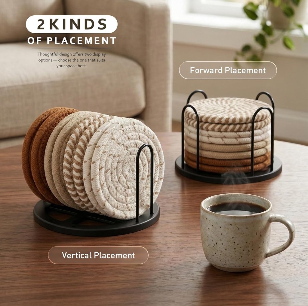 Braided beige and white coasters styled on coffee table with indoor plants