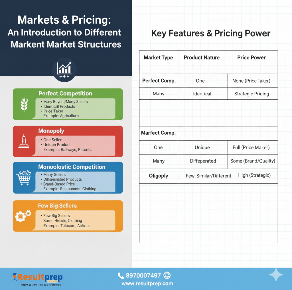 An economic infographic titled "Markets and Pricing: Understanding Market Structures." The visual us