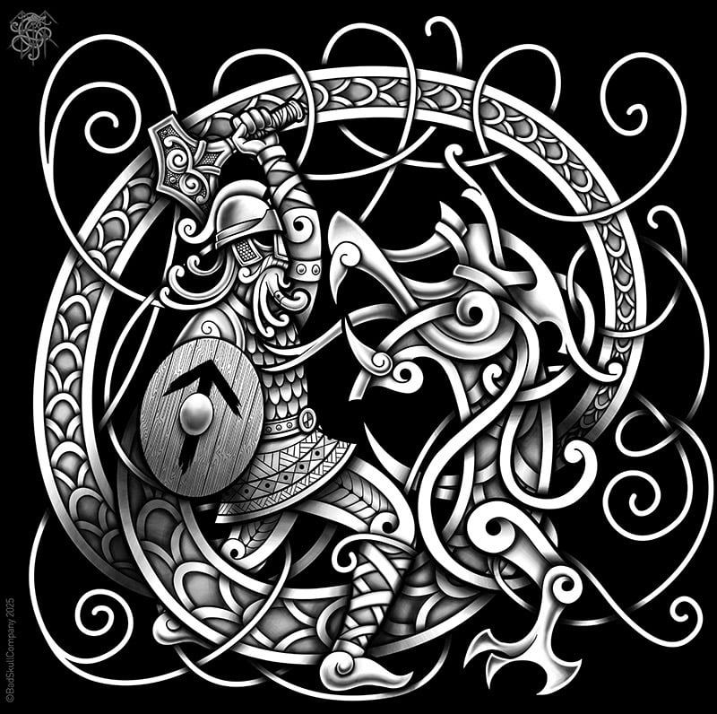 a drawing of a viking warrior in a celtic knot