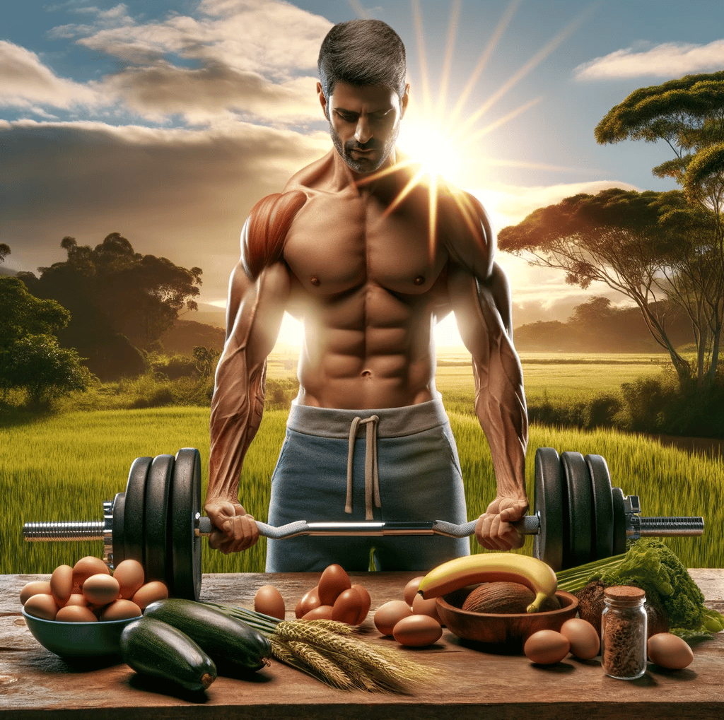 Homem levantando pesos ao ar livre, cercado por alimentos saudáveis para aumentar a testosterona