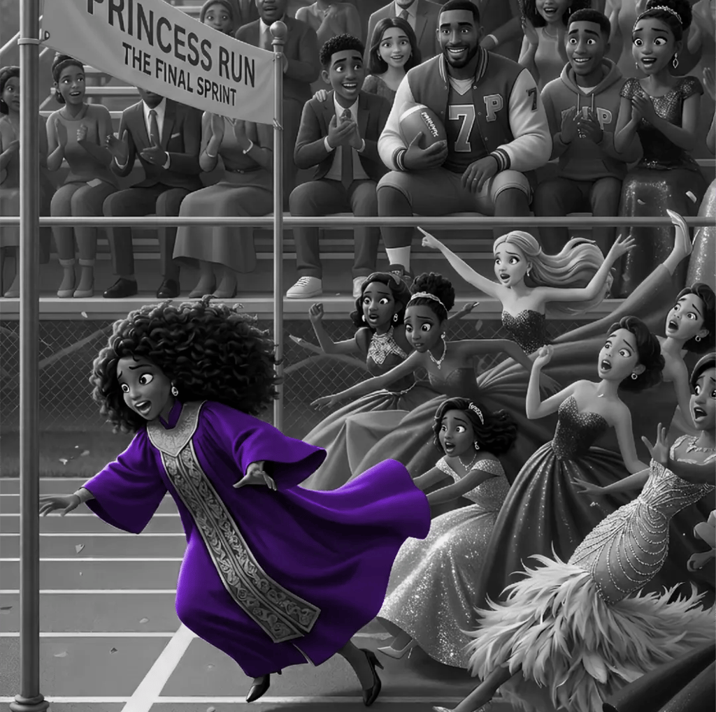 A group of teen women race in prom dresses and high heels